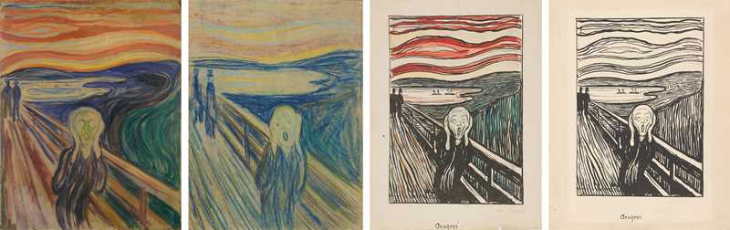 4 of the museum's 8 versions of Edvard Munch's The Scream: A painting with tempera and oil on unprimed cardboard, probably from 1910, a drawing version with crayon from 1893 and 2 of the museum's 6 lithographs from 1895, the one to the left a hand-coloured version.