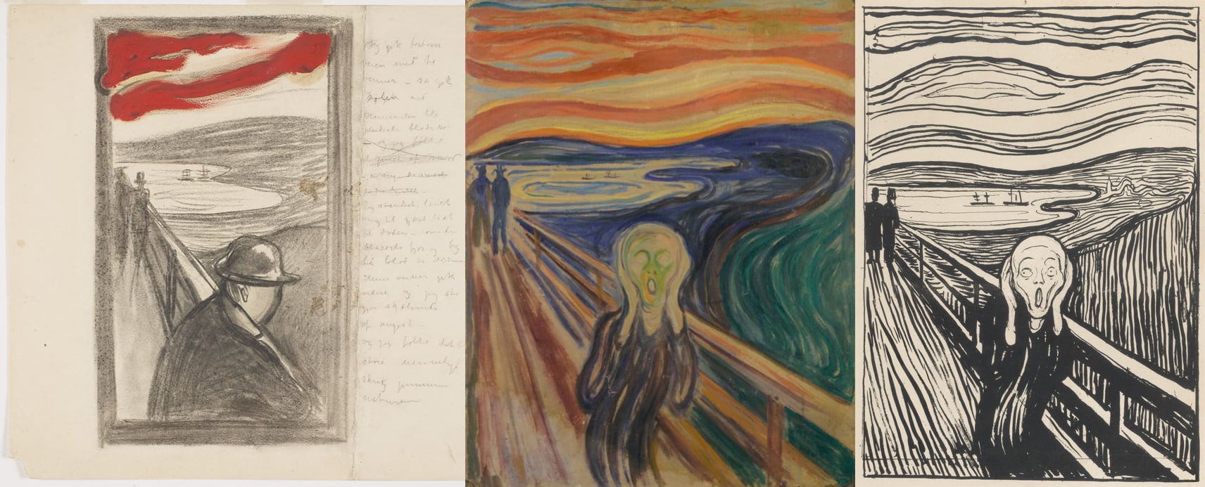 To the left is Despair, a charcoal drawing with the same background as the painting The Scream. In the centre, you see the painting The Scream, and to the right, there is a lithograph of The Scream. Collage.