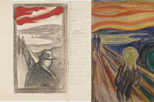 To the left is Despair, a charcoal drawing with the same background as the painting The Scream. In the centre, you see the painting The Scream, and to the right, there is a lithograph of The Scream. Collage.