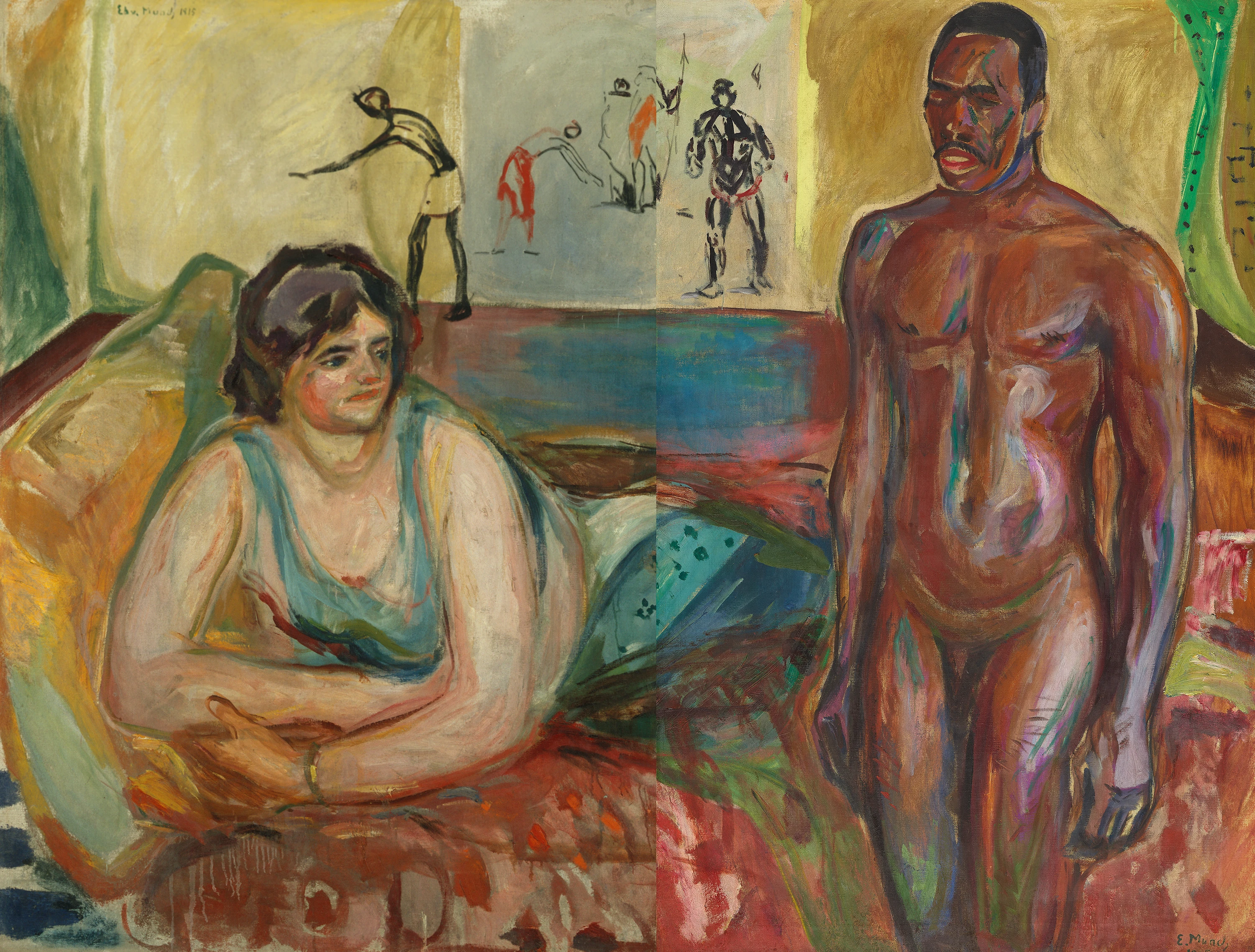 Edvard Munch: Cleopatra and the Slave, 1916. A pale-skinned woman lies on her side, looking toward a naked dark-skinned man who stands beside her. Painting