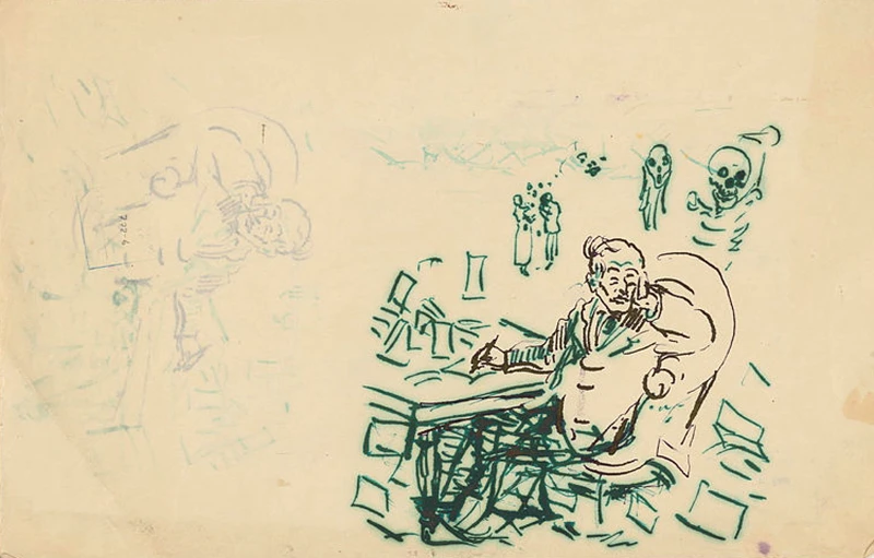 Edvard Munch sits, visibly exasperated, at his writing desk surrounded by a chaos of letters. Hectography.
