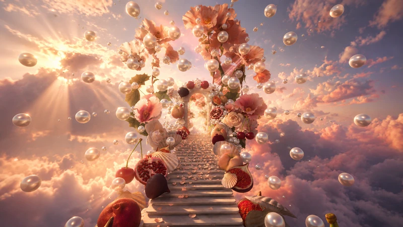 A staircase lined with flowers, pomegranates, cherries, strawberries, and pearls rises towards a sky filled with pink clouds and soft sunlight.
