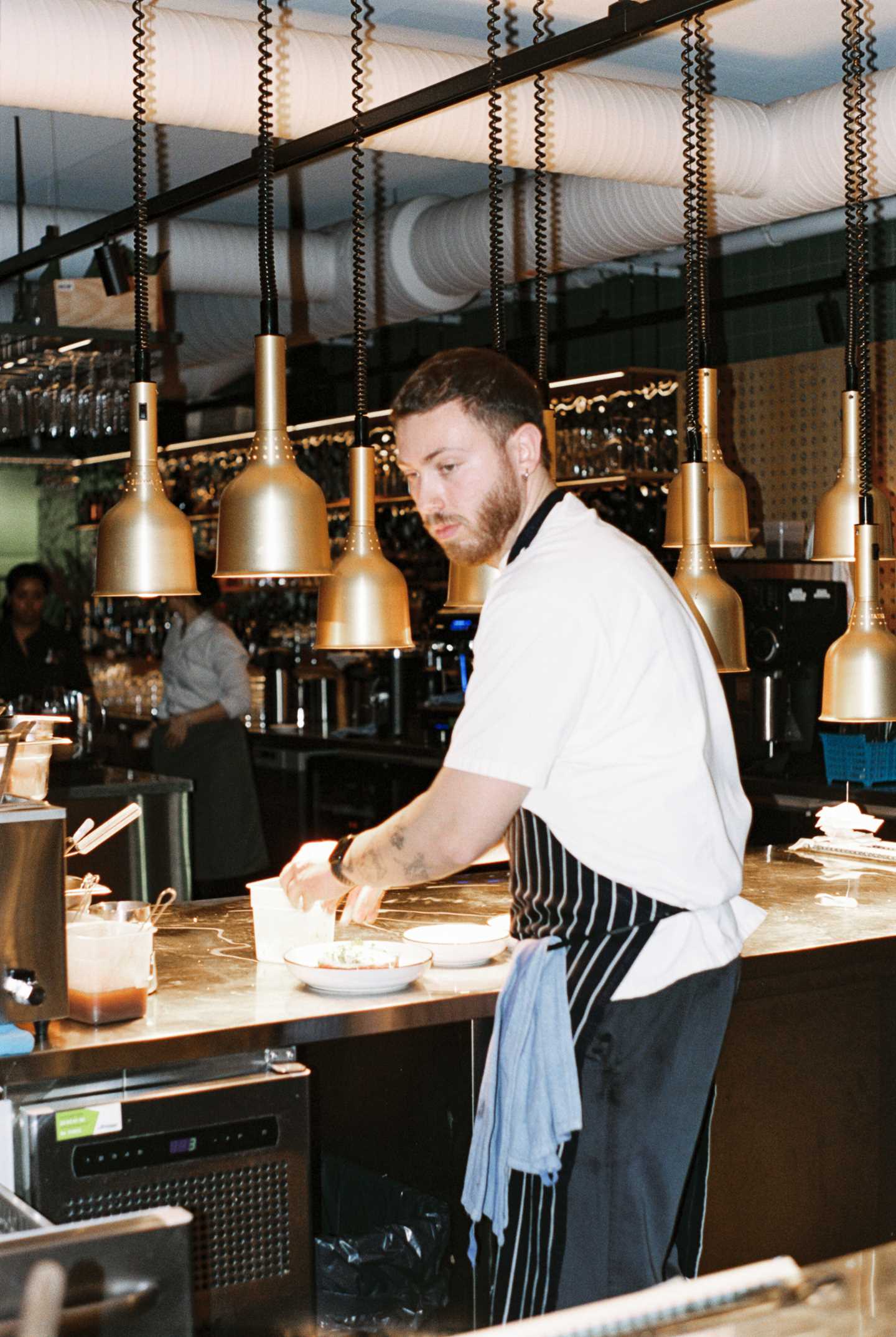 A restaurant kitchen with a counter and heat lamps hanging from the ceiling above. A chef, wearing a white T-shirt and striped apron, stands at the counter plating a dish before serving. Photograph.