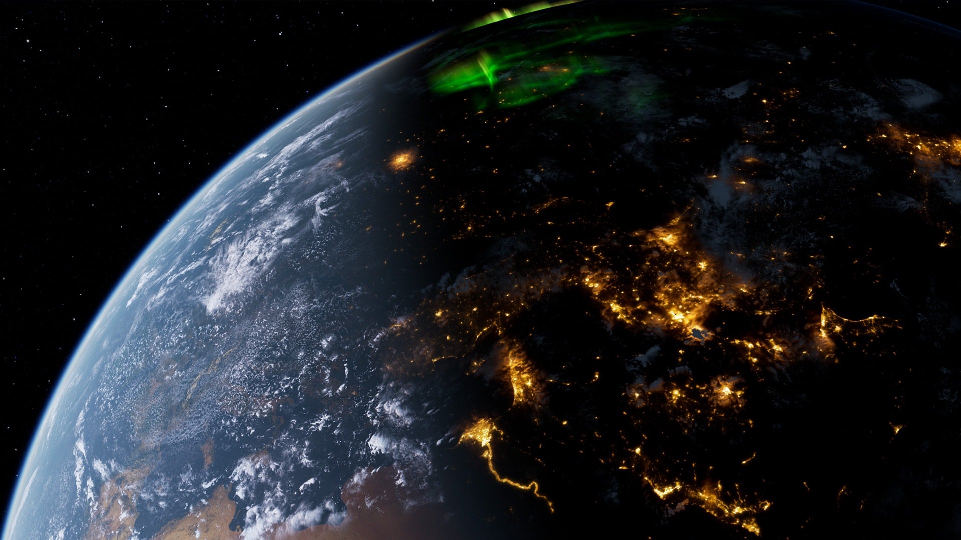 A section of the Earth seen from space, where parts of the planet are cracking and sparking. Screenshot.