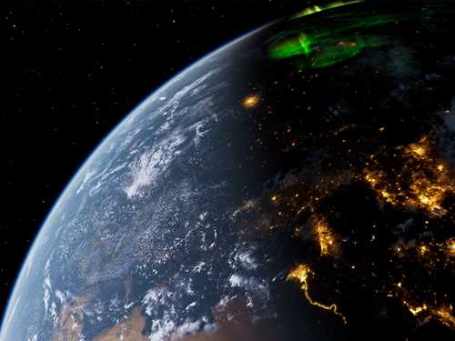 A section of the Earth seen from space, where parts of the planet are cracking and sparking. Screenshot.