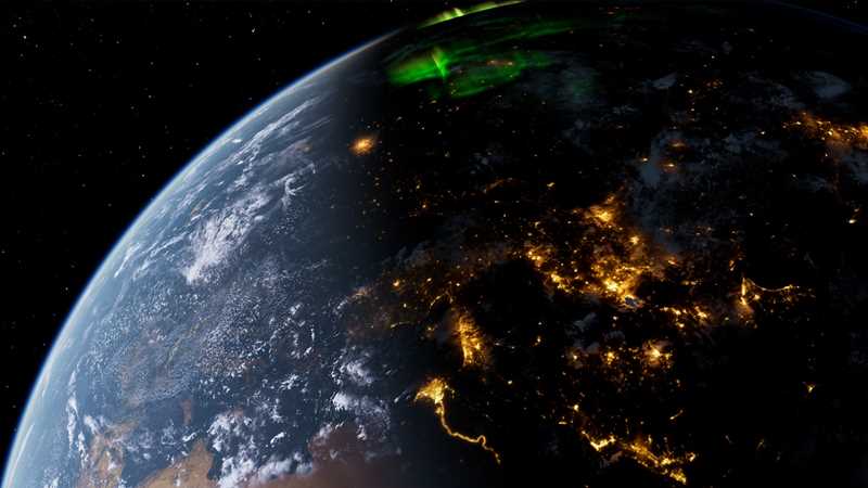 A section of the Earth seen from space, where parts of the planet are cracking and sparking. Screenshot.
