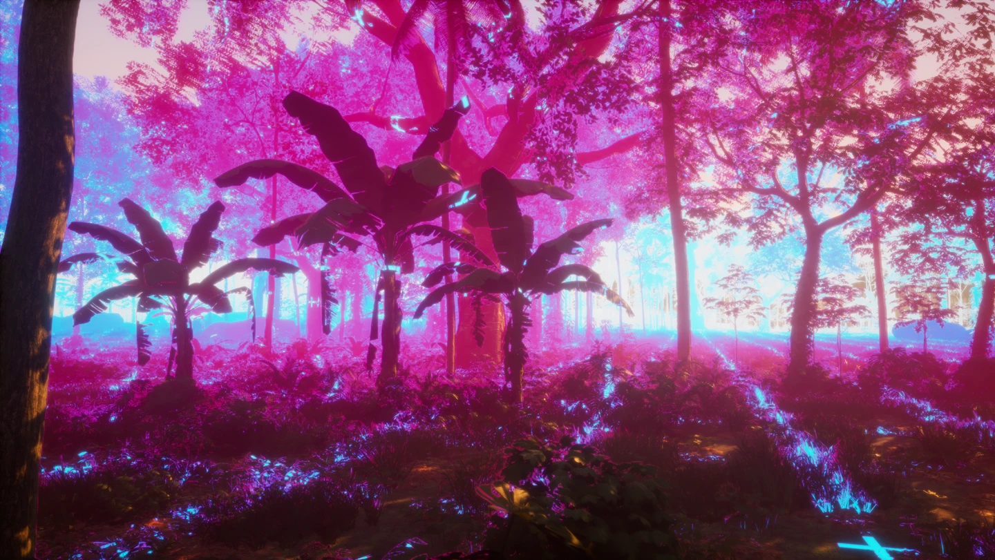 A forest of trees and palms seen through a fuchsia-coloured filter, with bright details in turquoise. Photograph.