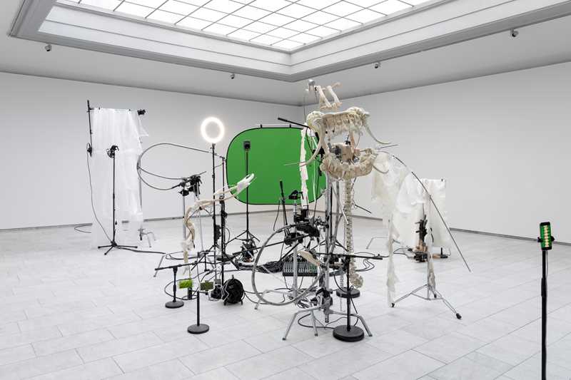 A white gallery space with an installation in the centre. The installation consists of many different elements, including a green screen, photo lights, skeletal parts cut from wood, and microphone stands. Photograph.