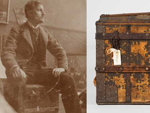 On the left, there is a photograph of Edvard Munch sitting on his suitcase. On the right, we see a close-up of the suitcase, which is worn and secured with a padlock.