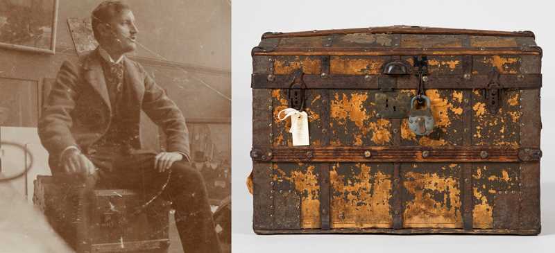 On the left, there is a photograph of Edvard Munch sitting on his suitcase. On the right, we see a close-up of the suitcase, which is worn and secured with a padlock.