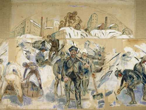 Edvard Munch: Workers on the Building Site. Draft for a Decoration of Oslo City Hall. Oil on unprimed canvas, 1931-1933. Photo © Munchmuseet