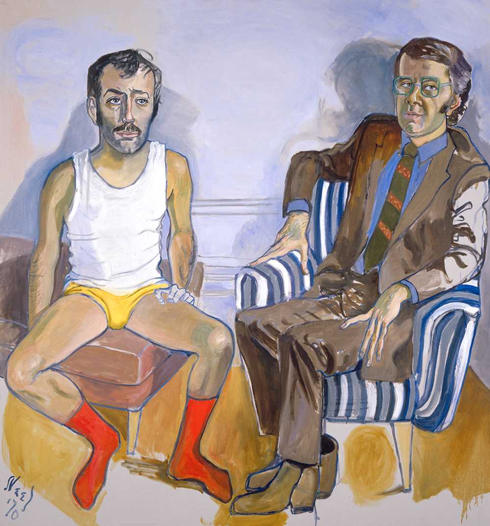 A painting of two seated men. One is sitting on a stool, dressed in a white singlet, yellow underpants and red socks. The other is reclining in a blue and white-striped armchair, wearing a brown suit with a light blue shirt, striped tie and light brown boots. The man in the suit looks at us with a sly smile.