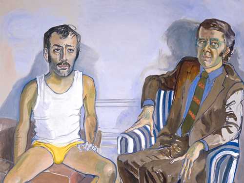 A painting of two seated men. One is sitting on a stool, dressed in a white singlet, yellow underpants and red socks. The other is reclining in a blue and white-striped armchair, wearing a brown suit with a light blue shirt, striped tie and light brown boots. The man in the suit looks at us with a sly smile.
