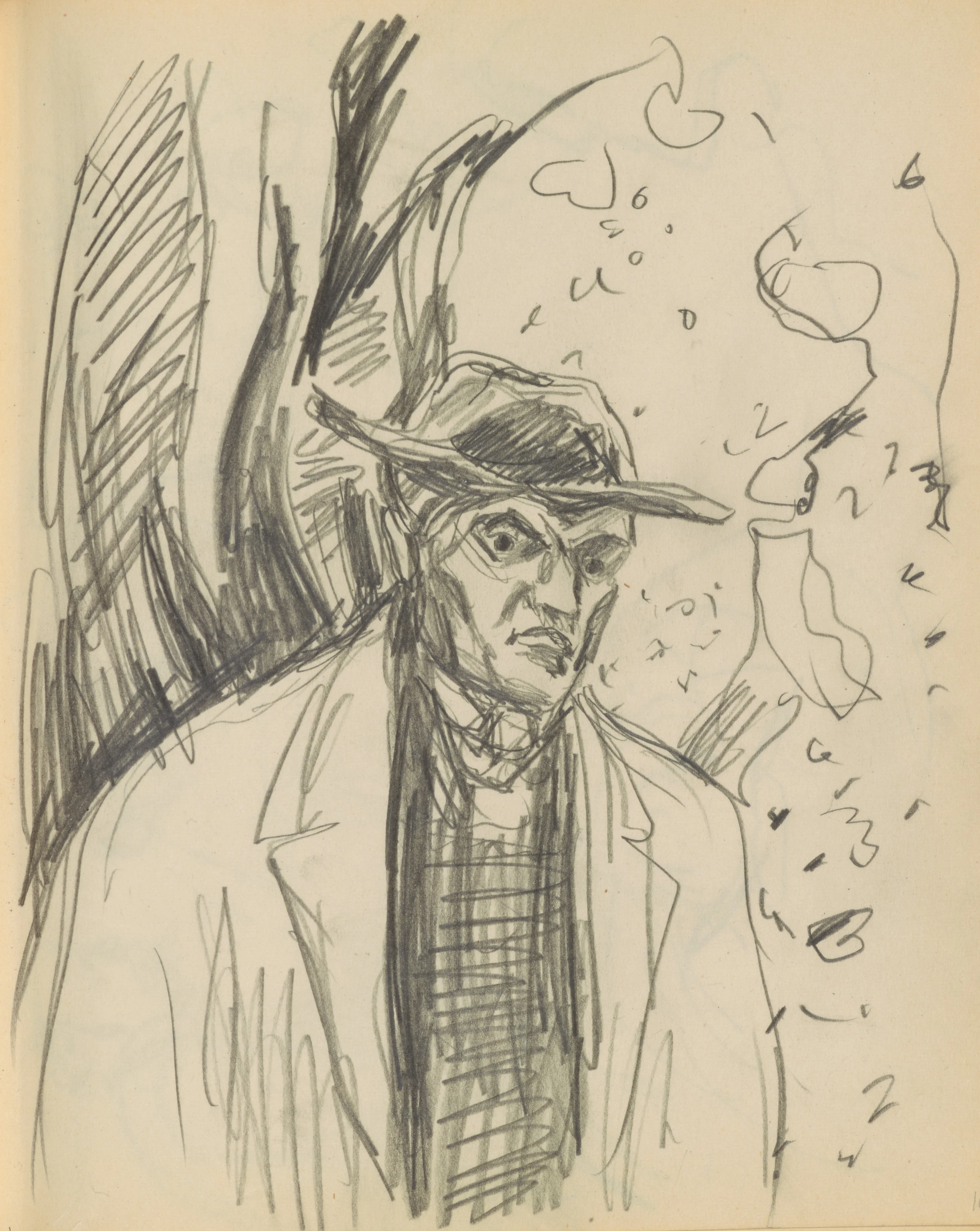 Edvard Munch in half-figure, wearing a hat and coat outdoors. Drawing