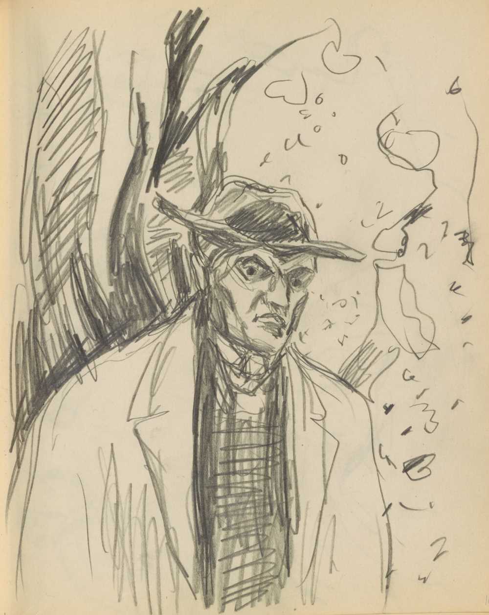 Edvard Munch in half-figure, wearing a hat and coat outdoors. Drawing