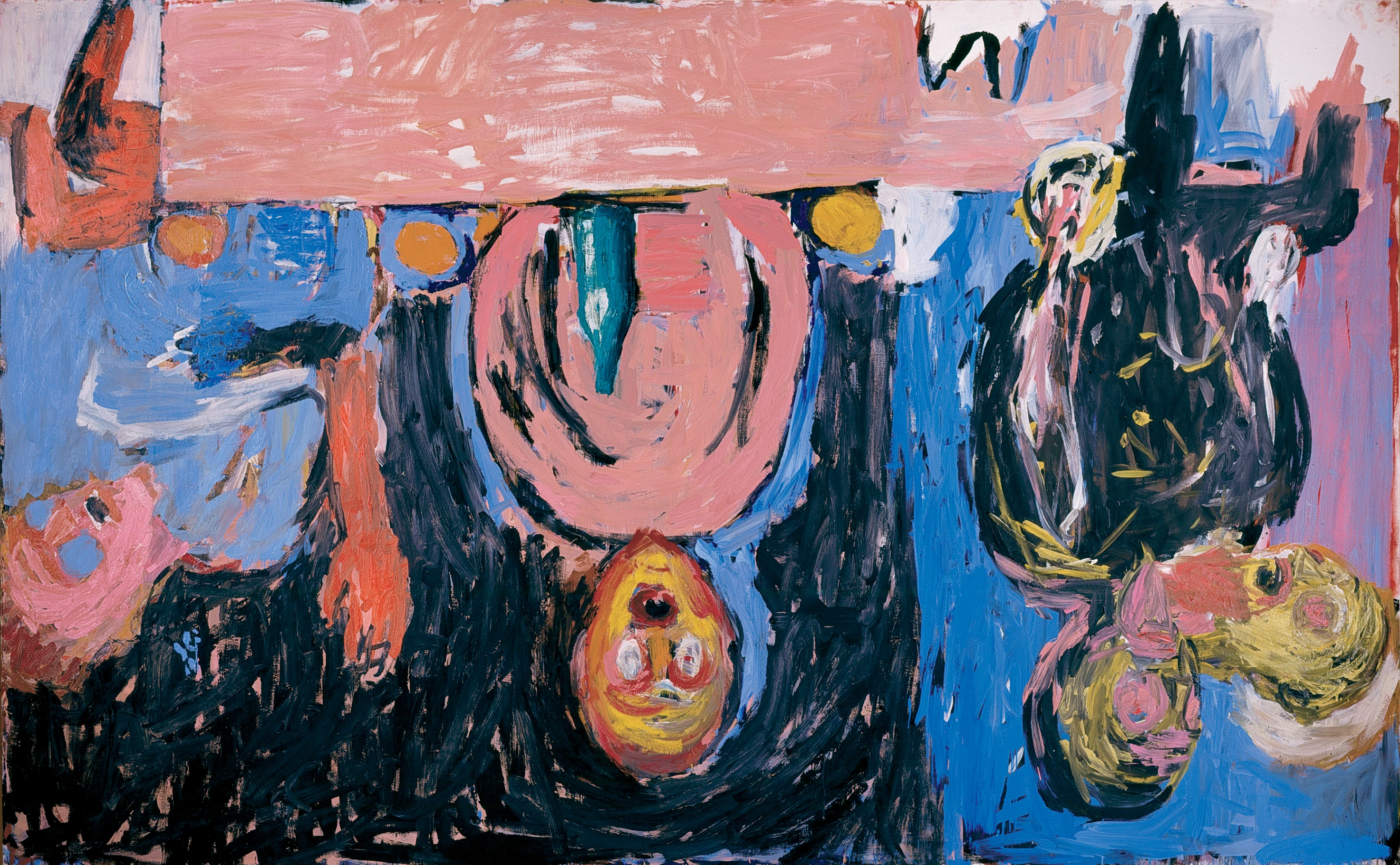 Georg Baselitz: Nachtessen in Dresden. A table with four persons painted upside down.