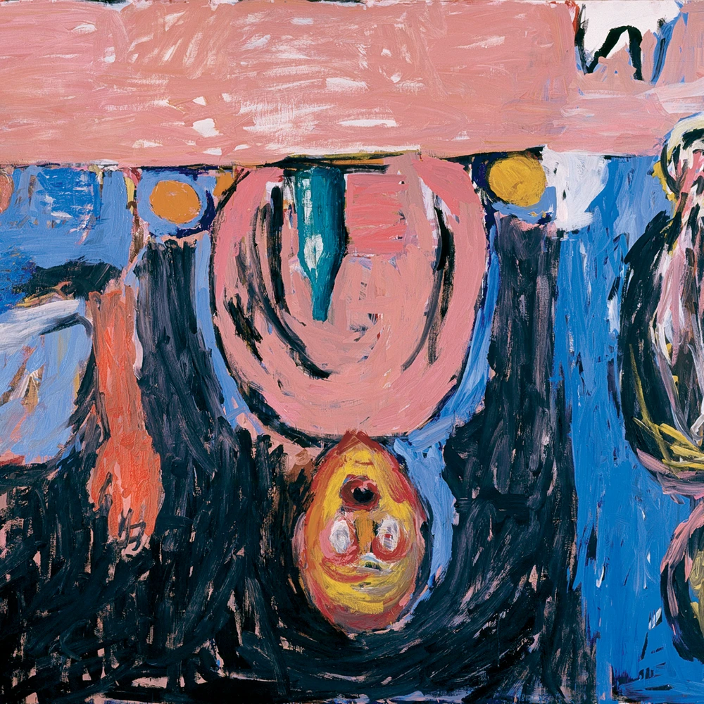 Georg Baselitz: Nachtessen in Dresden. A table with four persons painted upside down.