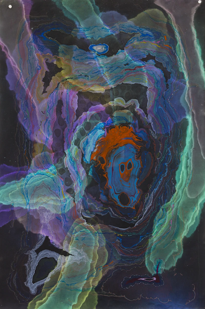Kerstin Brätsch, Unstable Talismanic Rendering _Schrätte, 2017. Pigment, akvarell, blekk og løsemidler på papir.