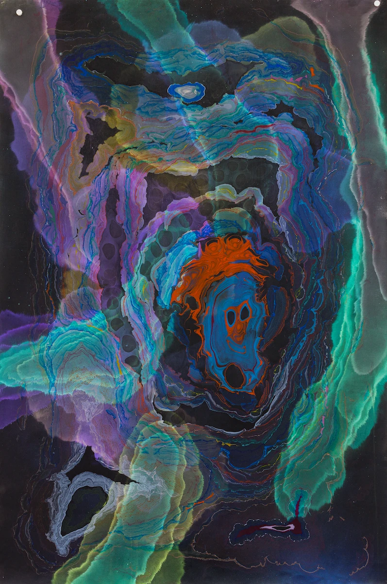 Kerstin Brätsch, Unstable Talismanic Rendering _Schrätte, 2017. Pigment, akvarell, blekk og løsemidler på papir.
