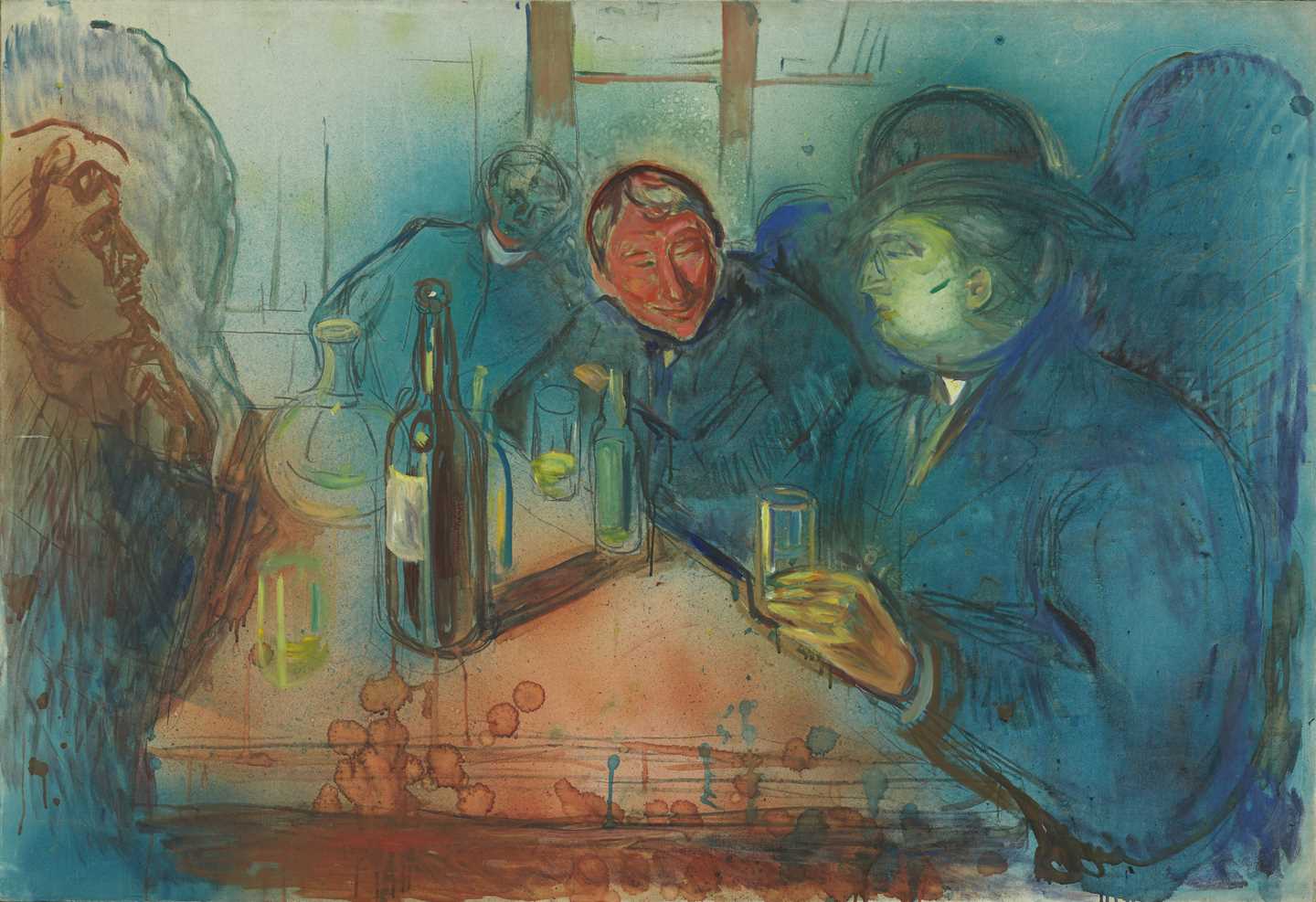 Kristiania Bohemians: Four men sit around a table with bottles of alcohol and glasses. Shadows emerge from behind them in a hazy blue atmosphere.