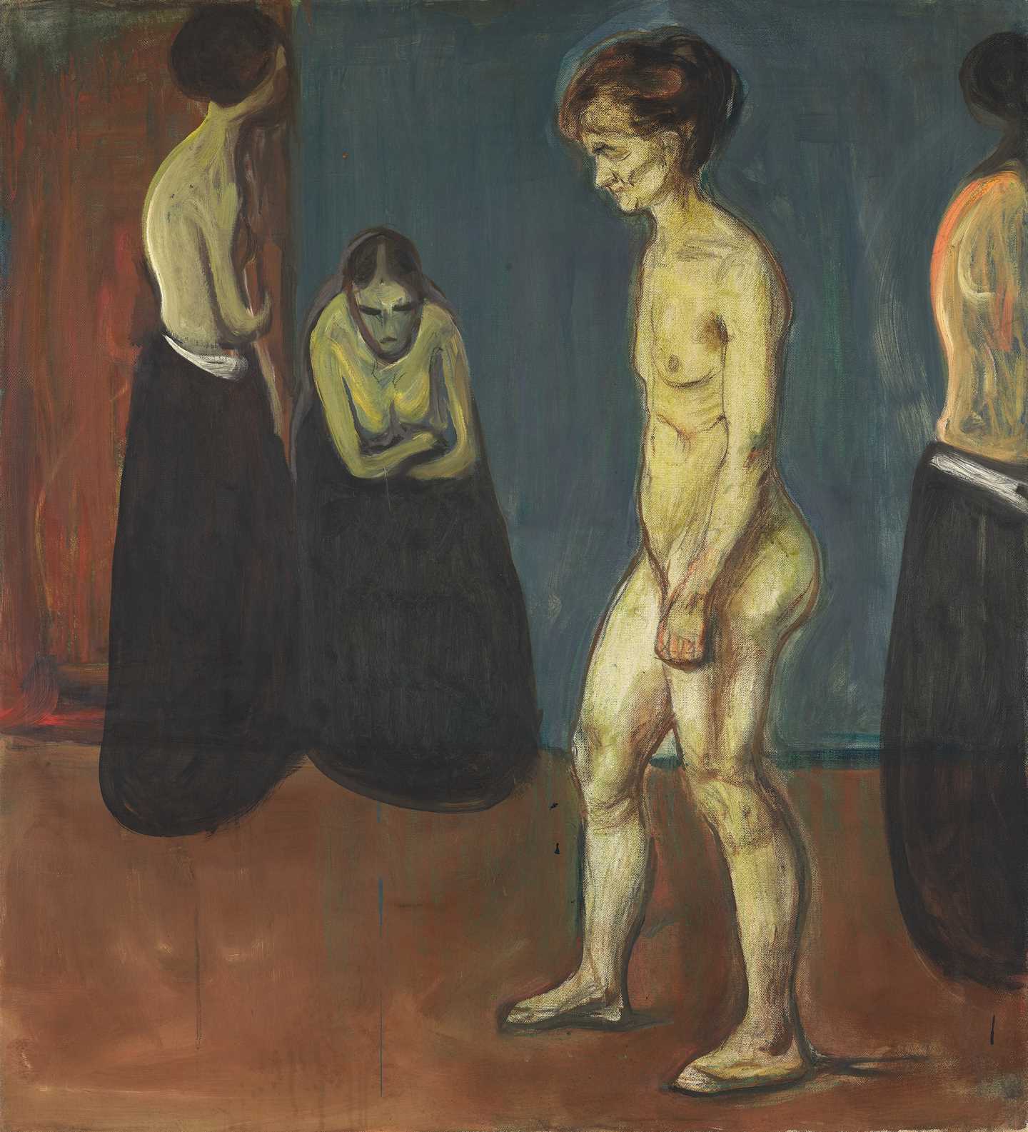 Women the Hospital: A naked older woman stands in the foreground of the painting, facing to the left. Three other women, one seated, appear in the blue and brown background, wearing only black skirts, their chests unclothed.