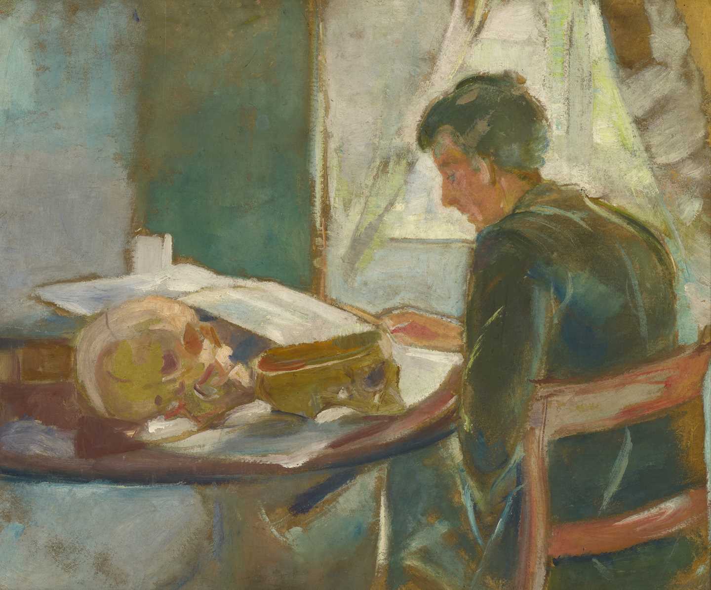 Portrait of Andreas: On the right side of the painting, a man is seated at a table in front of a window, studying. On the table are two skulls, one whole, the other with its top half cut off.