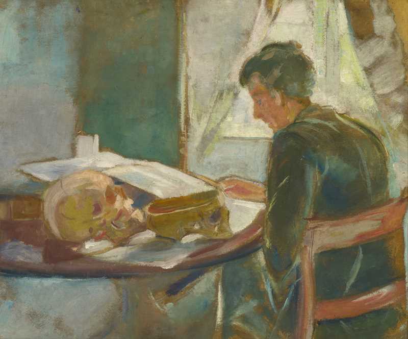 Portrait of Andreas: On the right side of the painting, a man is seated at a table in front of a window, studying. On the table are two skulls, one whole, the other with its top half cut off.