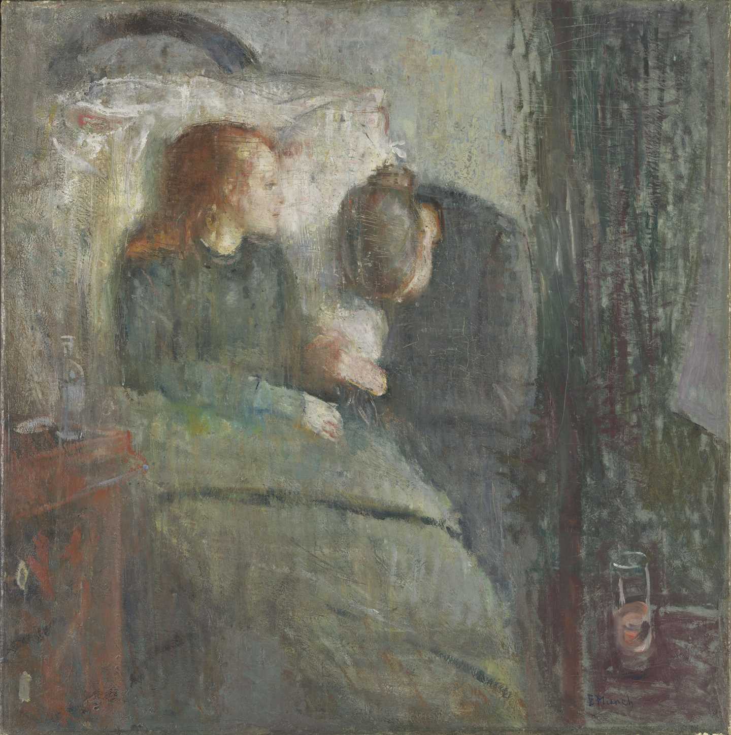 The Sick Child: A red-haired girl sits upright in a chair propped up by a pillow and looking to the right. A woman appears on the right, head bent over.