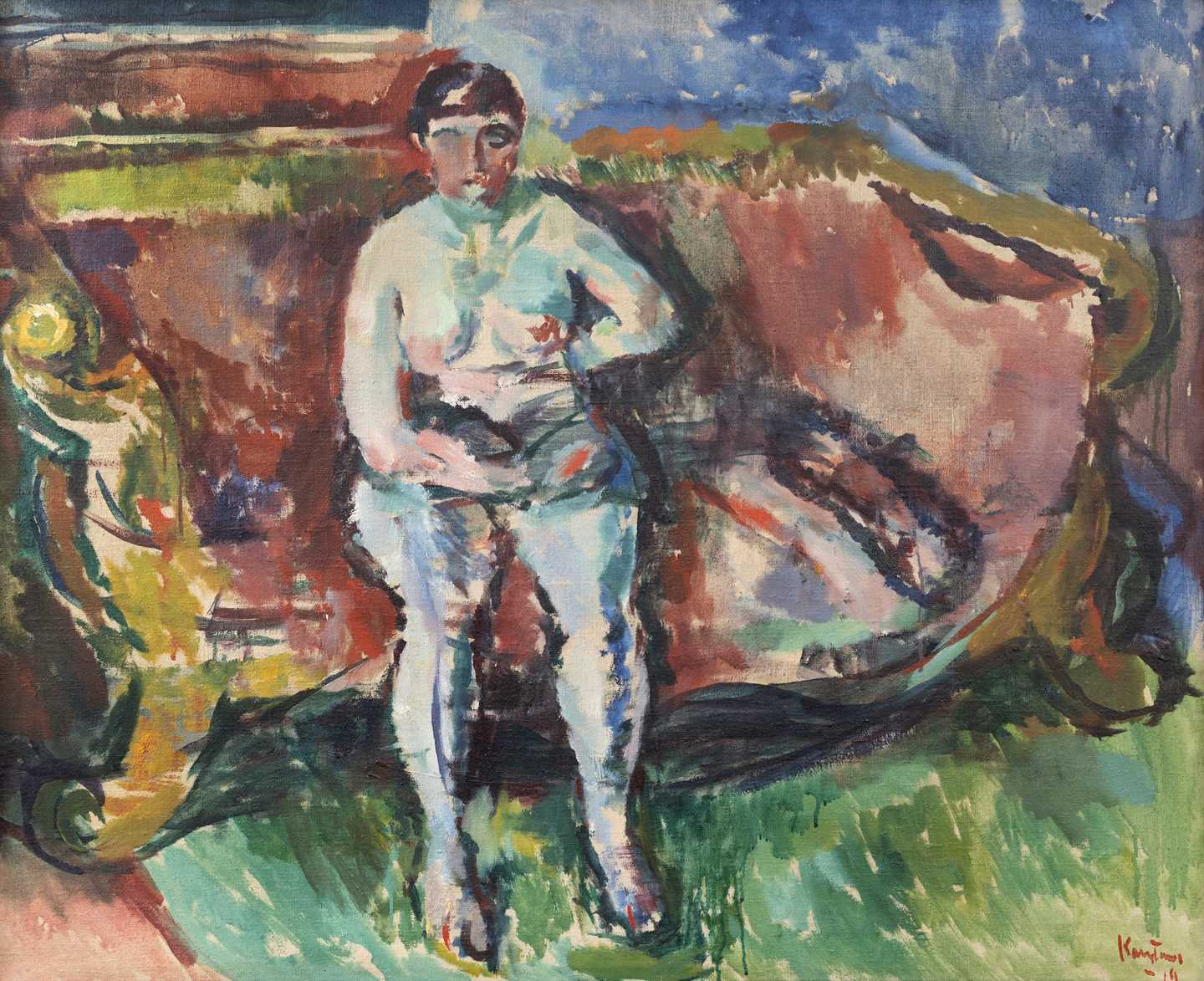A naked woman sits in the middle of a red-upholstered sofa with heavy lion feet, looking towards us. On the floor lies a green carpet and the wall behind is blue. Painting.