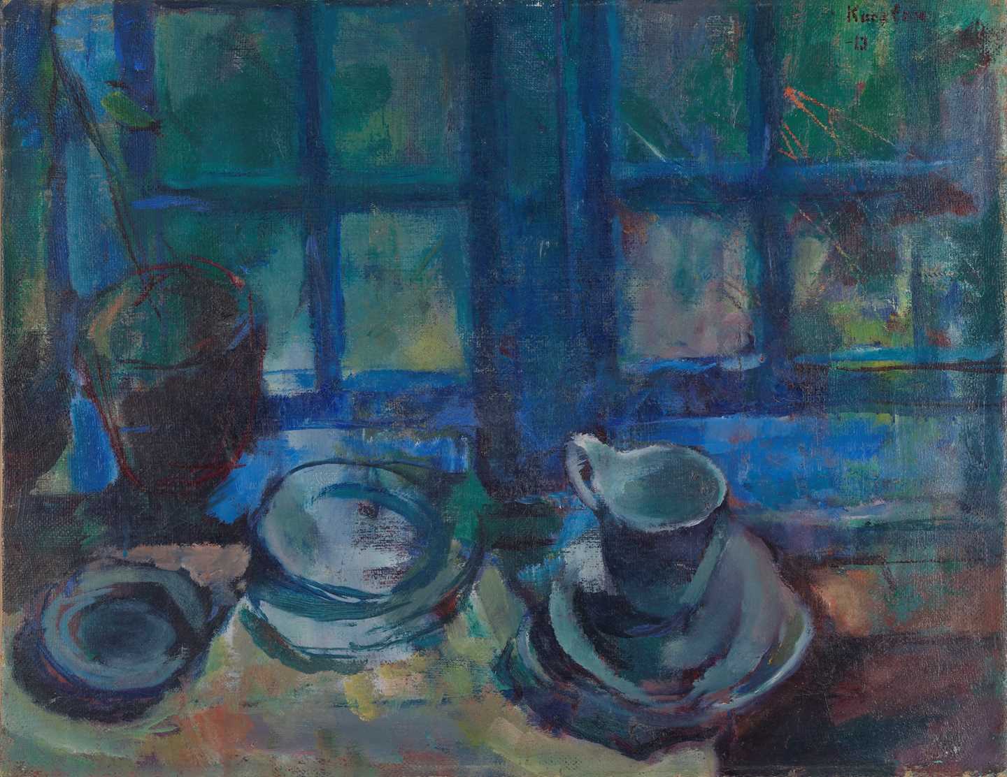 Cups and containers on a kitchen counter, with windows with blue frames in the background. Painting.