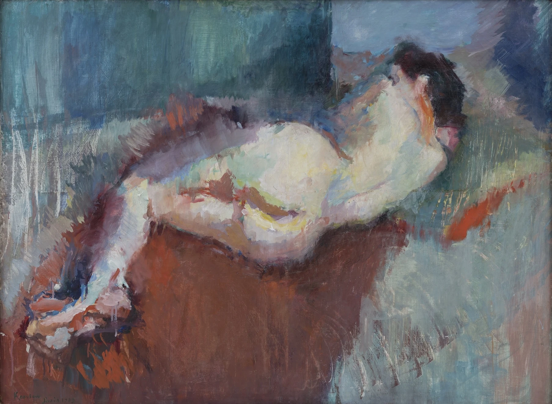 A woman lies on her side with her back towards us. She is positioned diagonally in the painting, with her feet in the lower left corner and her head in the upper right corner. Painting.