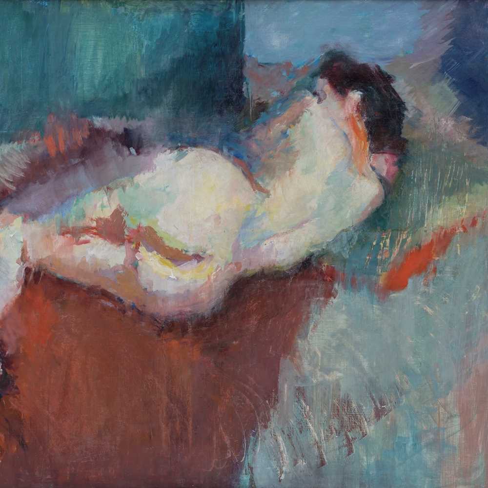 A woman lies on her side with her back towards us. She is positioned diagonally in the painting, with her feet in the lower left corner and her head in the upper right corner. Painting.
