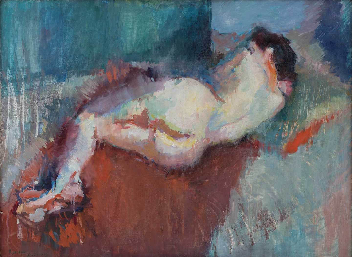 A woman lies on her side with her back towards us. She is positioned diagonally in the painting, with her feet in the lower left corner and her head in the upper right corner. Painting.