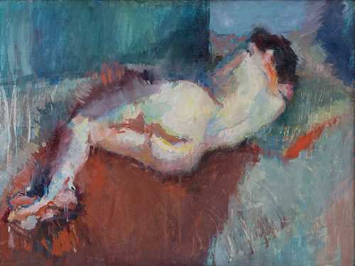 A woman lies on her side with her back towards us. She is positioned diagonally in the painting, with her feet in the lower left corner and her head in the upper right corner. Painting.