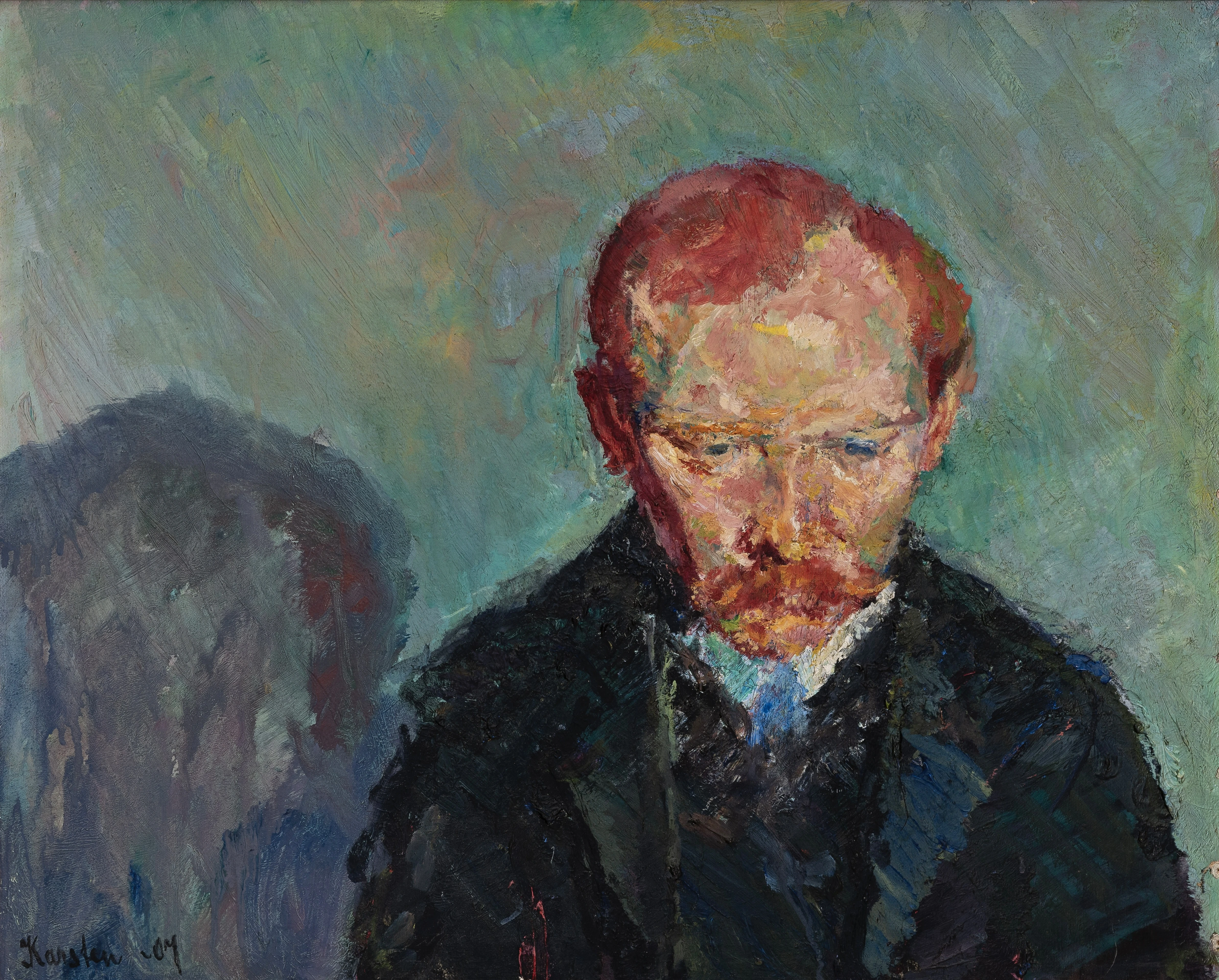 An adult man with red hair, wearing a dark suit and coat, looks downward. He is shown only from the chest up, with a slouched posture. Painting.
