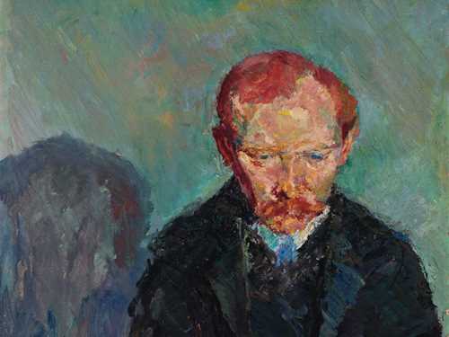 An adult man with red hair, wearing a dark suit and coat, looks downward. He is shown only from the chest up, with a slouched posture. Painting.