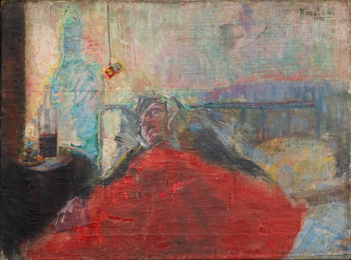 A person lies in a bed with a red blanket over them. On the bedside table to the left is a half-full bottle with a dark red liquid. Painting.