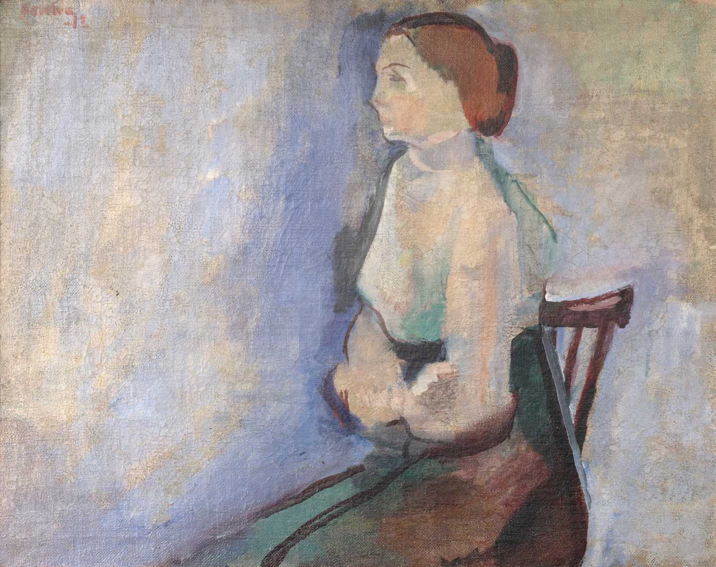Portrait of a seated Thora Bull, seen in profile. She sits on the right side of the painting, looking to the left. Her arms are crossed in front of her stomach and her hair is tied up. Painting.