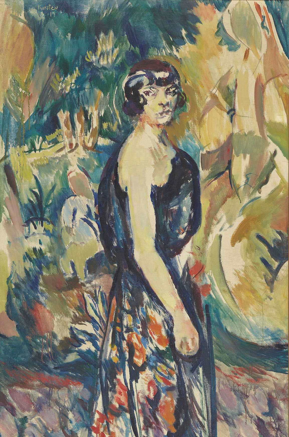 Ludvig Karsten: Portrett av Asta Nielsen. En kvinne i helfigur malt fra siden med armene hengende ned. Hun har vridd hodet mot oss. Maleriet domineres av toner i grønt, blått og gult.