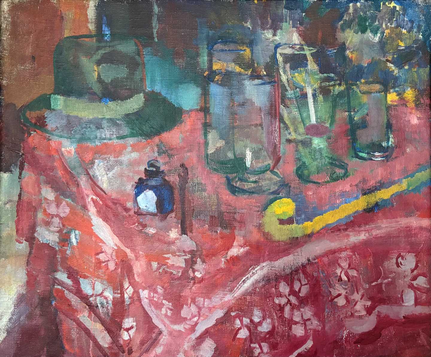 A table with a red cloth featuring white details. On the table are bottles and glasses, along with a yellow cane and a brown brimmed hat with a light hatband. Painting.