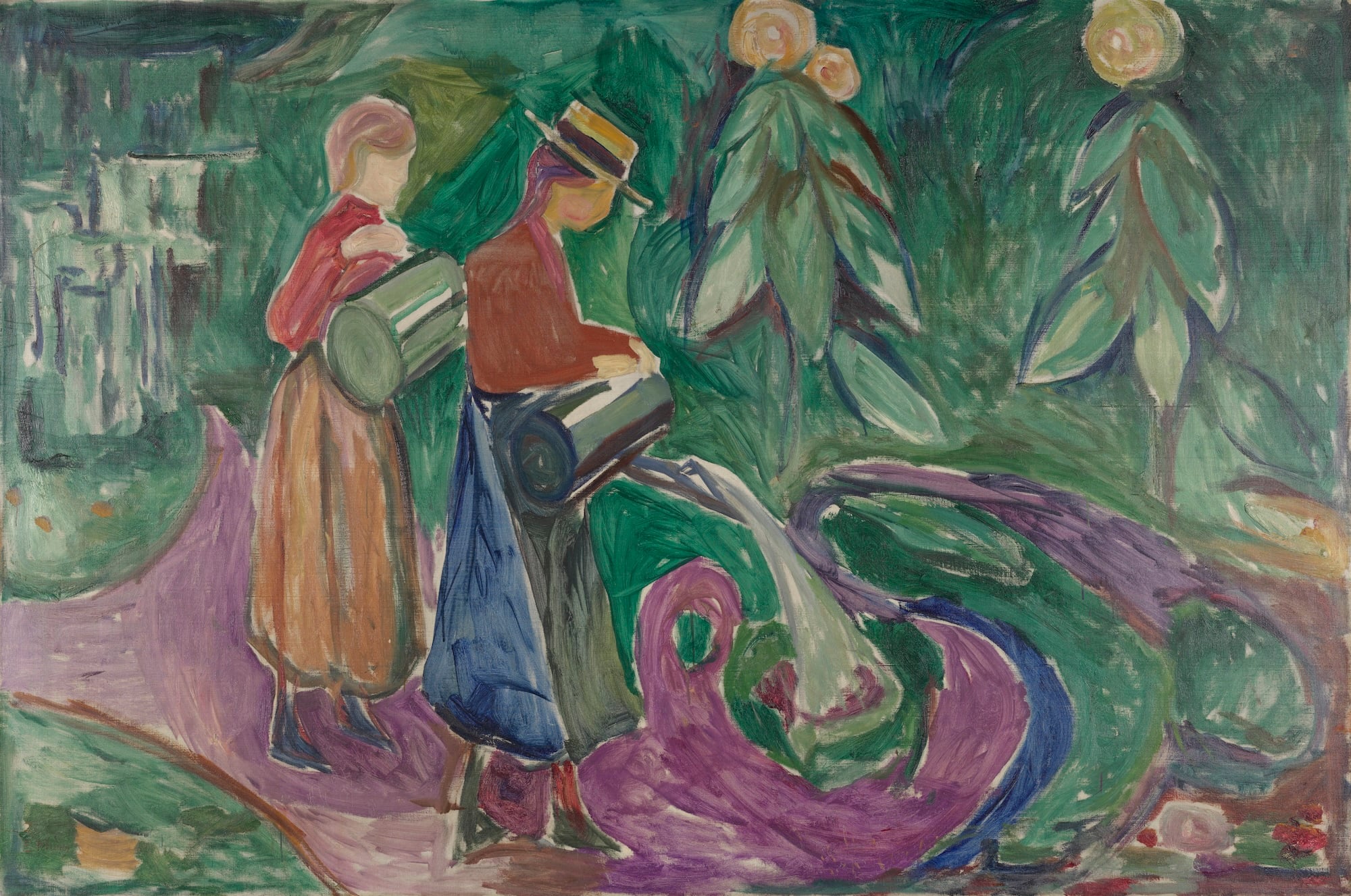 Two girls wearing skirts and red tops stand with large watering cans, watering flowers. One of them wears a straw hat with a brim and a black ribbon. The ground beneath them is fuchsia-coloured, and green trees are visible in the background. Painting.
