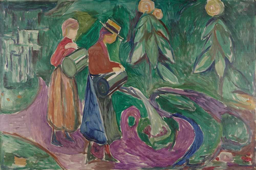 Two girls wearing skirts and red tops stand with large watering cans, watering flowers. One of them wears a straw hat with a brim and a black ribbon. The ground beneath them is fuchsia-coloured, and green trees are visible in the background. Painting.