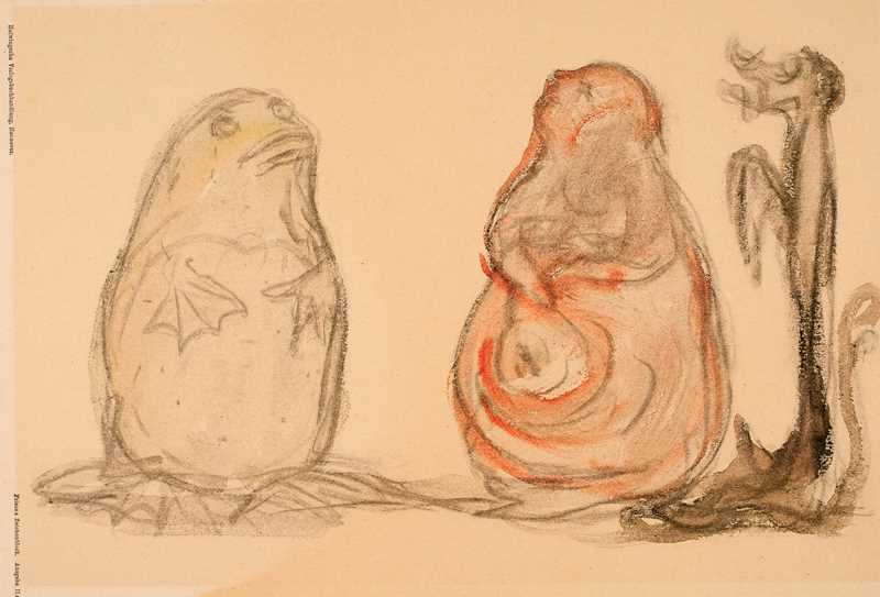 The drawing shows a frog-like figure with flippers, a thin dog with long ears, and a more pig-like creature. Drawing.