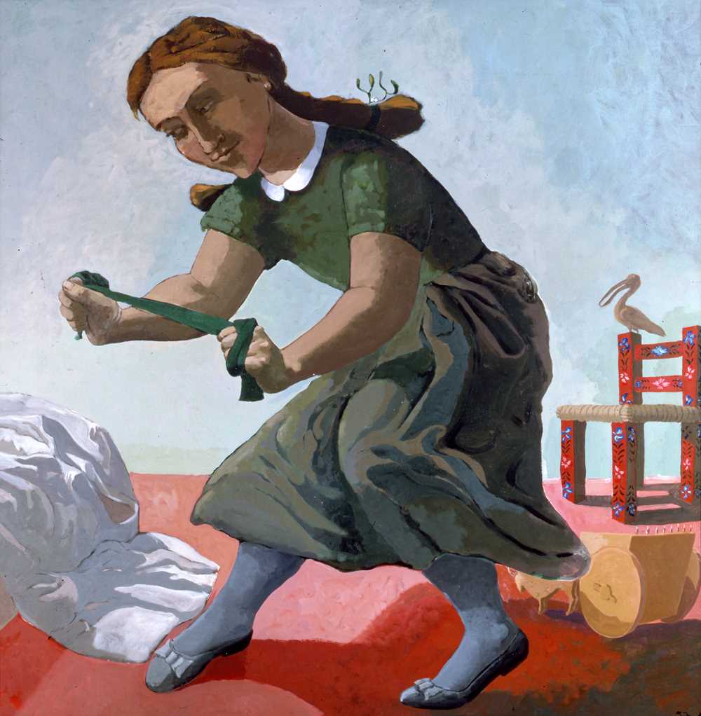 A young girl with pigtails, a green dress and bows on her shoes holds a green ribbon tightly, tiptoeing toward a bed and looking at something outside the frame. Painting.