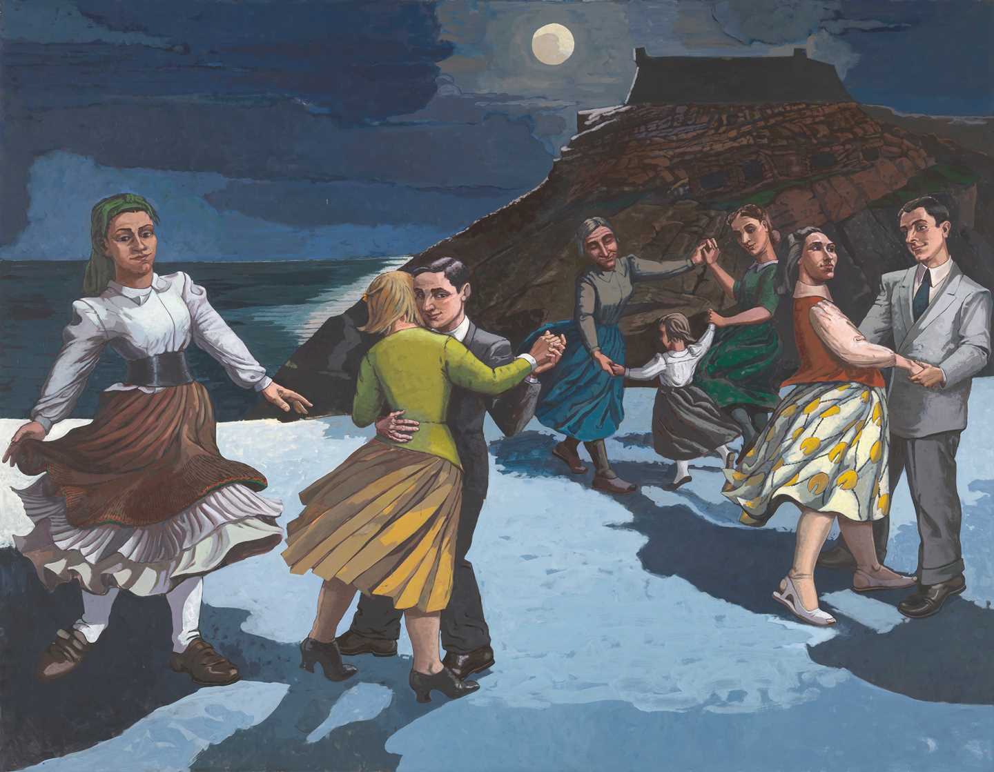 On a moonlit beach with a cliff in the background, several people are dancing — some in pairs, two with a child, and one woman alone. Painting.