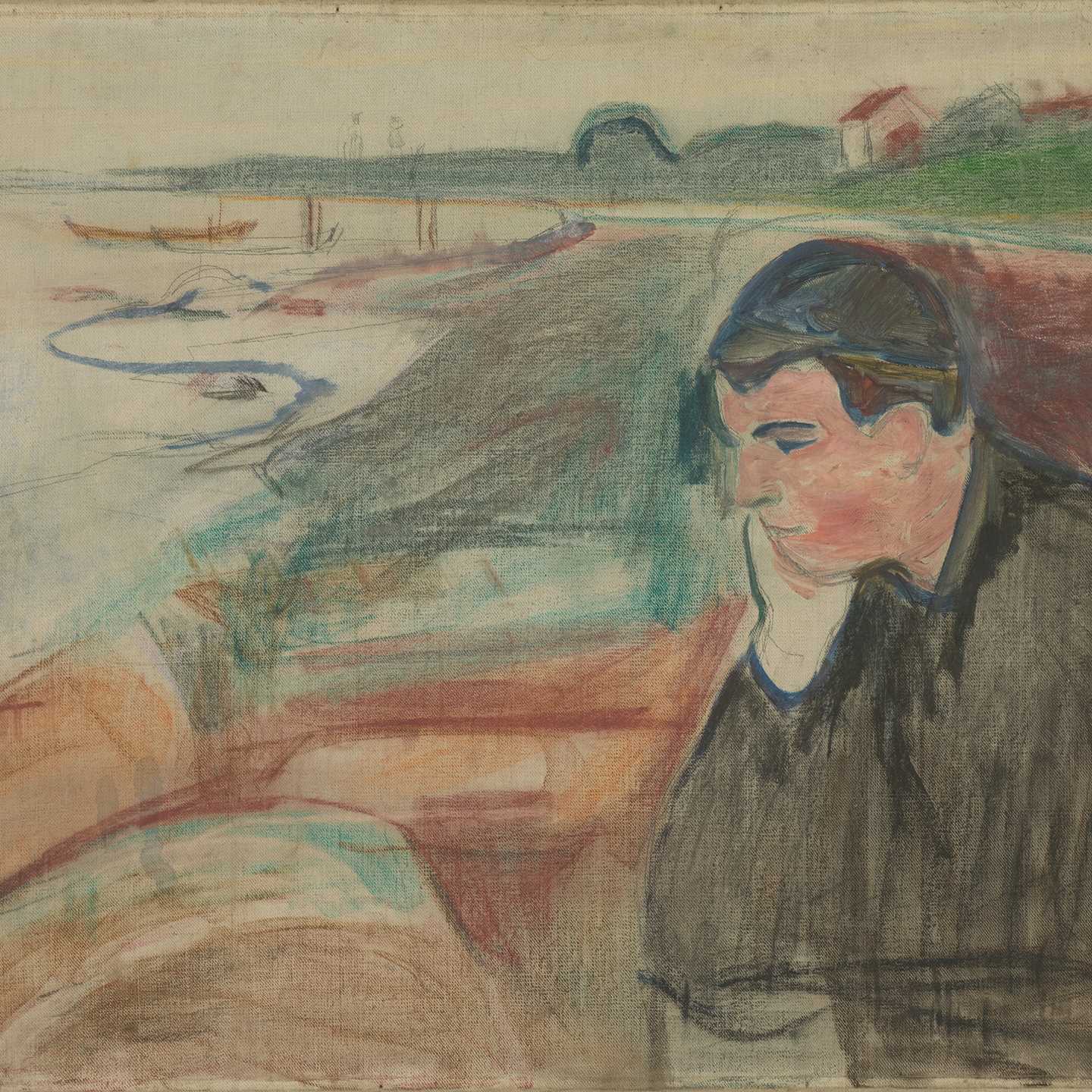 Edvard Munch: Aften. Melankoli. Olje, blyant og fargestift på lerret, 1891. Foto © Munchmuseet