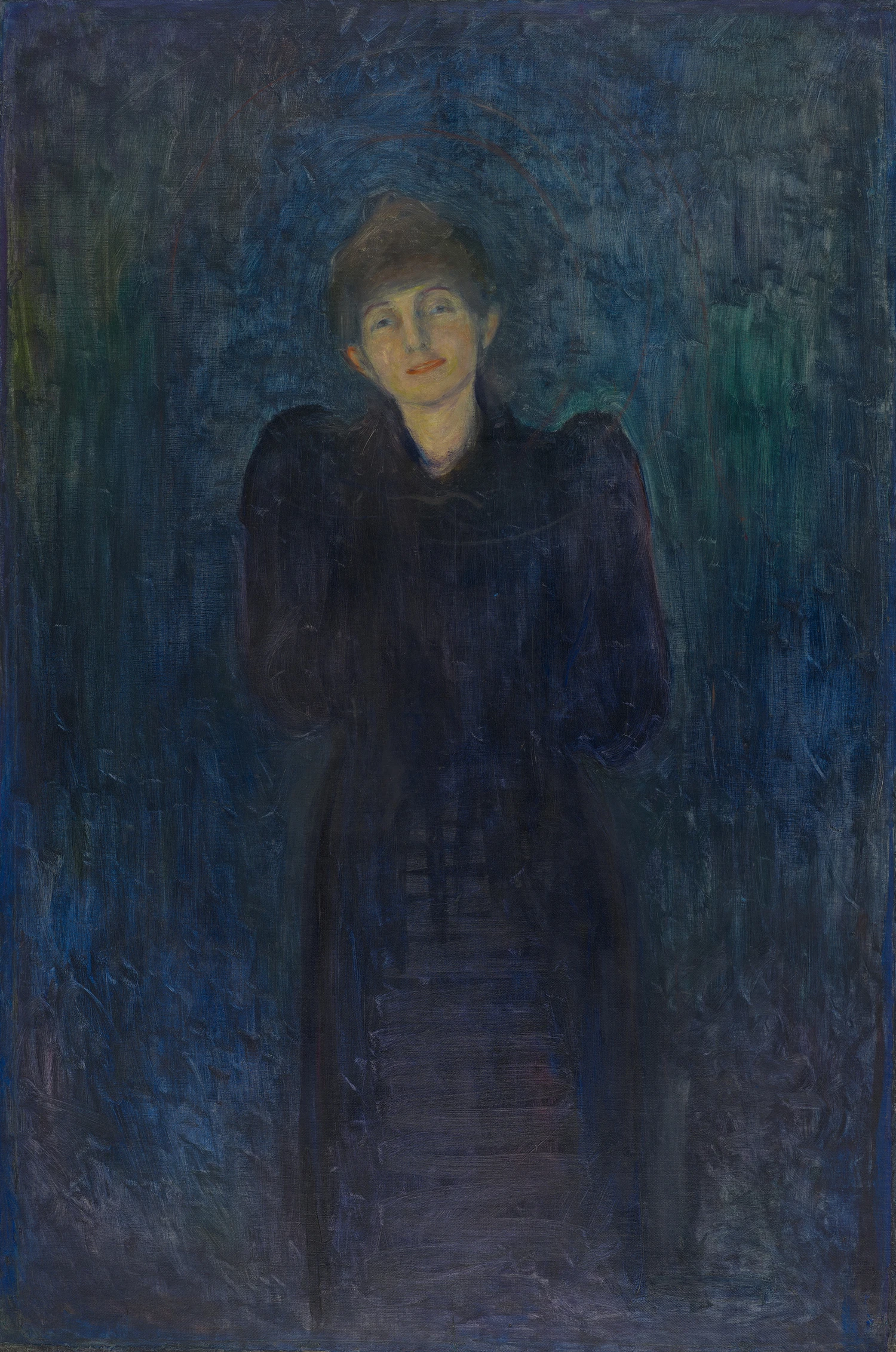 Edvard Munch: Dagny Juel Przybyszewska, 1893. We see Dagny in a full-length portrait, facing forward. Her head is slightly tilted to one side, and she offers a gentle smile. She is wearing a dark blue dress with puffed sleeves. Her hair is styled in a bun on top of her head. The entire background is in shades of blue. Painting.
