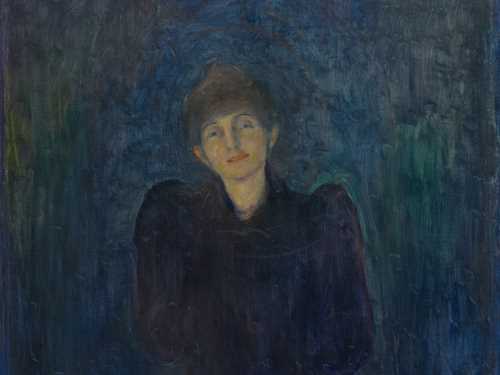 Edvard Munch: Dagny Juel Przybyszewska, 1893. We see Dagny in a full-length portrait, facing forward. Her head is slightly tilted to one side, and she offers a gentle smile. She is wearing a dark blue dress with puffed sleeves. Her hair is styled in a bun on top of her head. The entire background is in shades of blue. Painting.