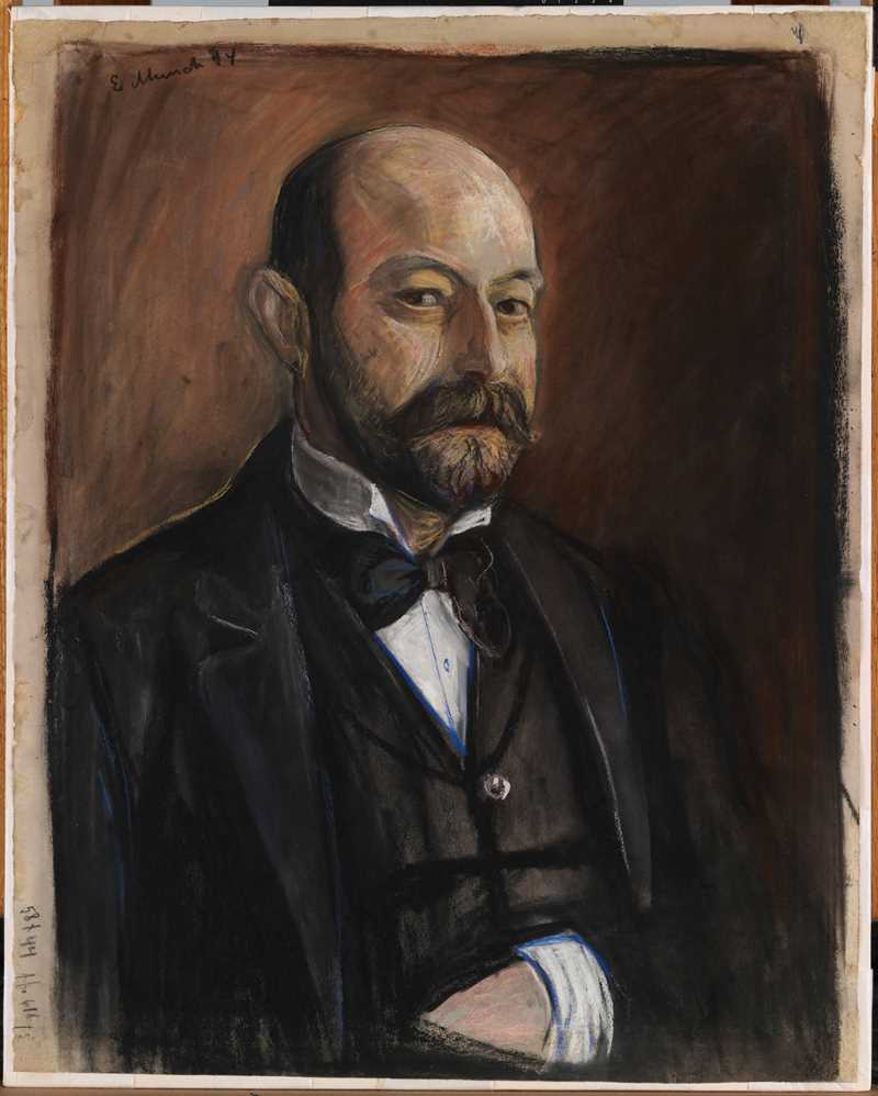 A half-length portrait of a middle-aged man with a moustache and beard, and a bald head. He is smartly dressed in a black jacket, waistcoat, white shirt, and black bow tie. He looks directly at the viewer with a clear and steady gaze. Painting.