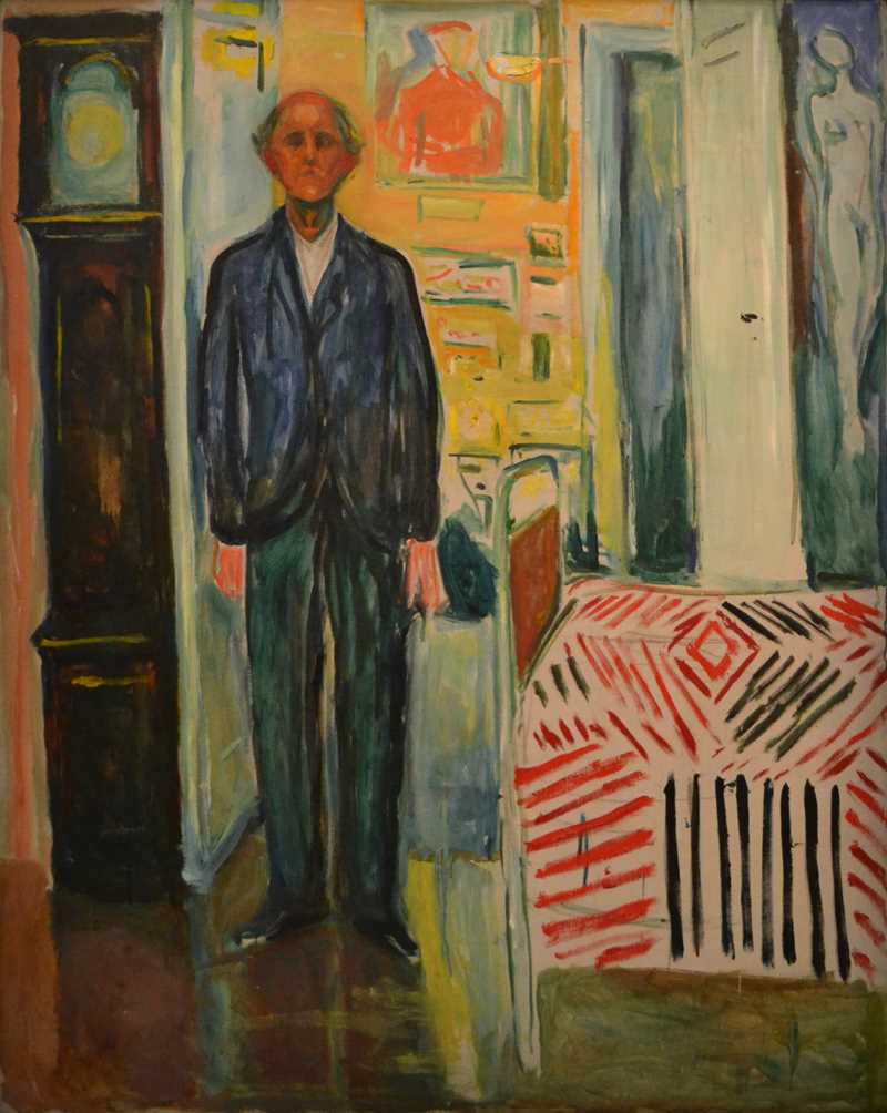 Edvard Munch: Selvportrett. Mellom klokken og sengen. Olje på lerret, 1940-43. Foto © Munchmuseet
